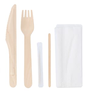 Bestikksett i tre,kniv,gaffel,tannpirker og serviett 250